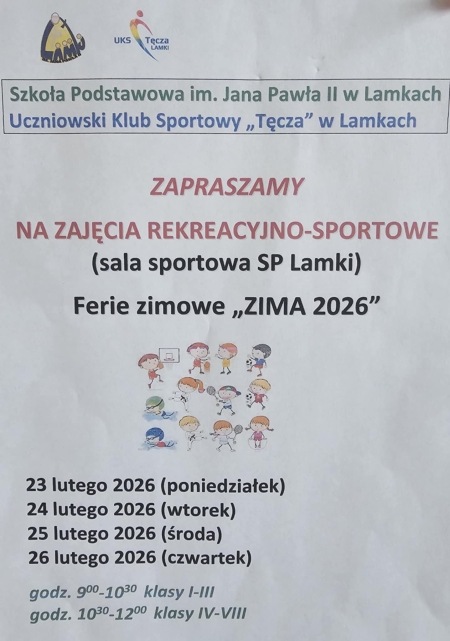 Ferie zimowe 2026- zajęcia rekreacyjno-sportowe